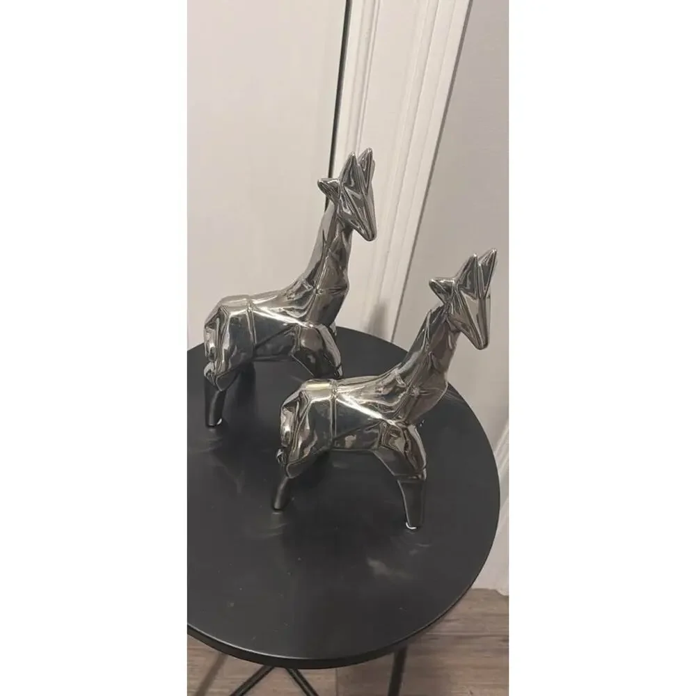 Pair of Modern Silver Geometric Giraffe Figurines 12”